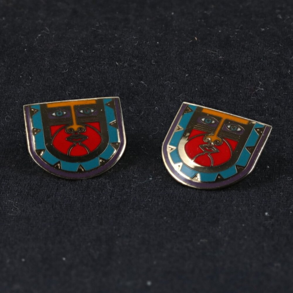 Vtg Laurel Burch Kubera Post Earrings Cloisonné Enamel Tribal Signed, RARE find